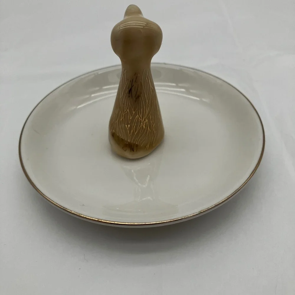 Ring Holder Dog Trinket Dish 4in Cream Gold Catch All